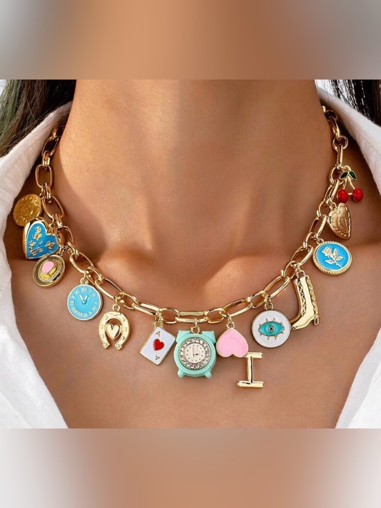Jewelry - Western Gold Charm Necklace with Pastel Enamel Charms Cowgirl Charms Necklace